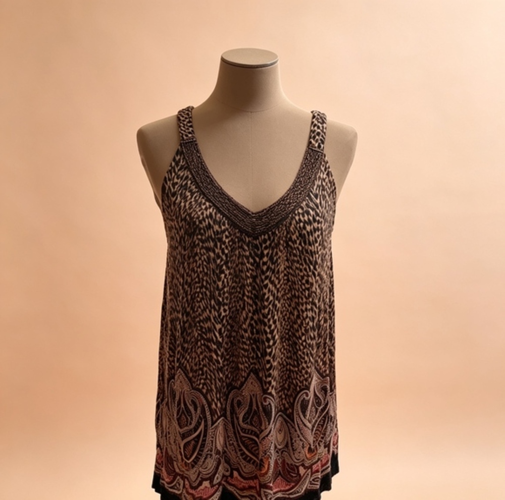 Woven Print V-Neck Sleeveless Tank Top - Brown Paisley